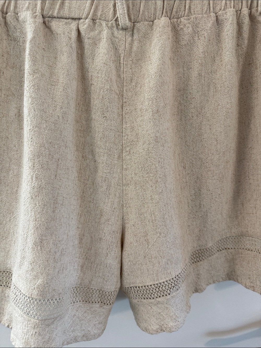 High Waist Linen Blend Womens Shorts Light Beige Openwork Trim Summer Essentials - Picture 6 of 8
